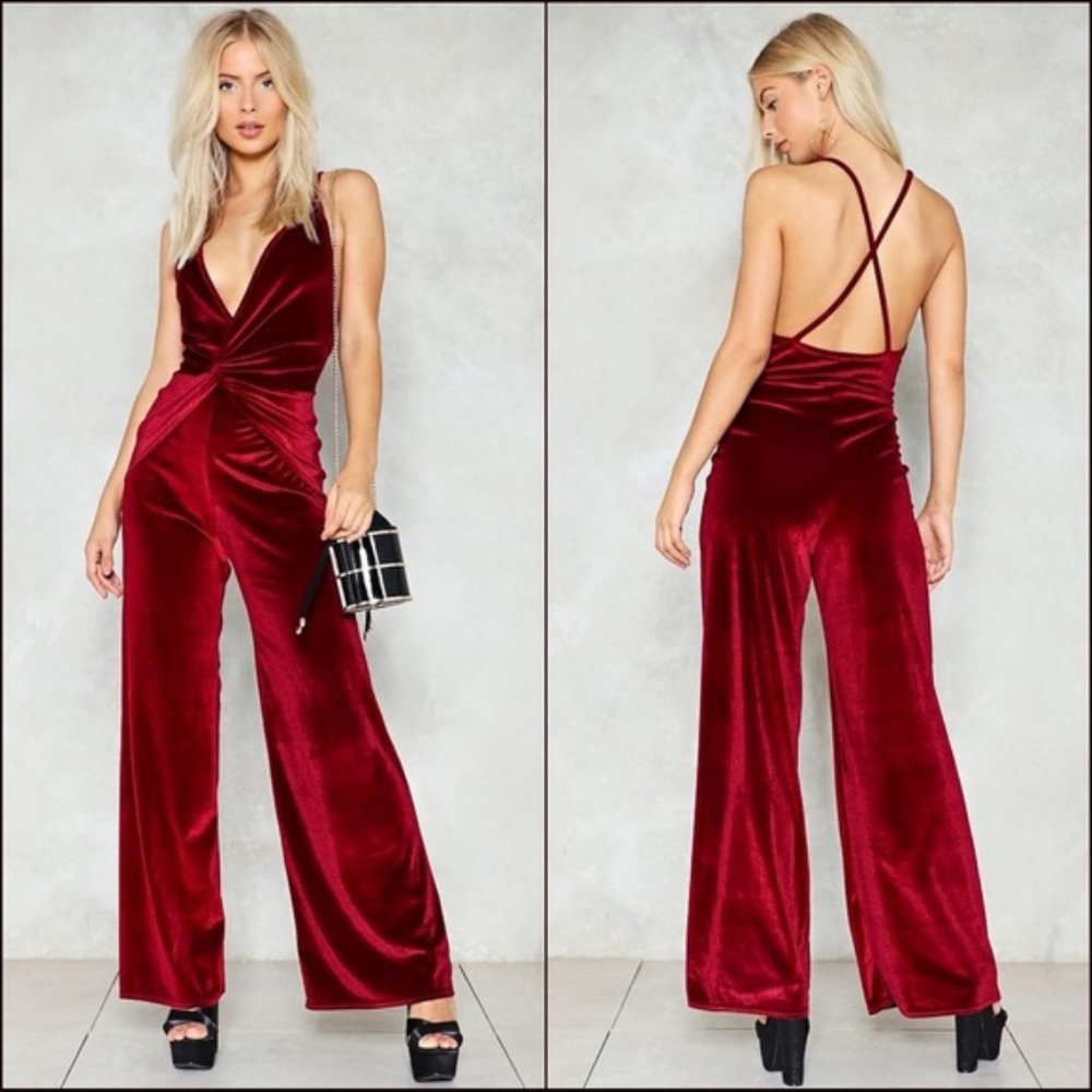 Nasty Gal Red Queen of the Night Velvet Jumpsuit